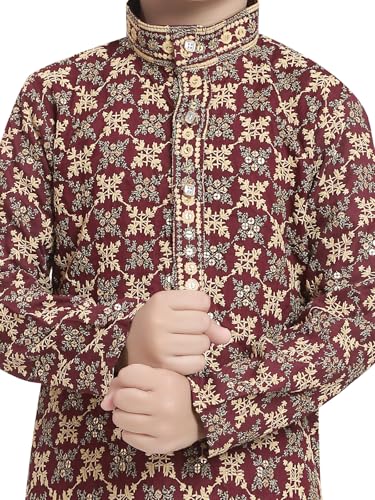 Image of TinySteps Boys' Ethnic Wear - Cotton Lakhnavi Chikan Kurta with Golden Sequence Work and Elastic Waist White Cotton Pajama - Festive & Wedding Outfit