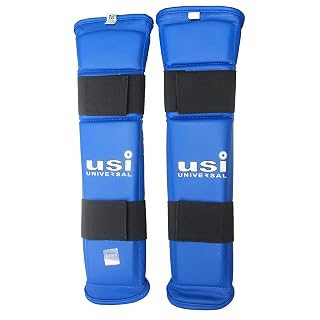 USI Universal Martial Arts Shin Guards/Shin Pad Foam Padded, (Size S, Blue) Adjustable Muay Thai Leg Guards for Kickboxing Training and Sparring, Durable, Professional MMA Equipment