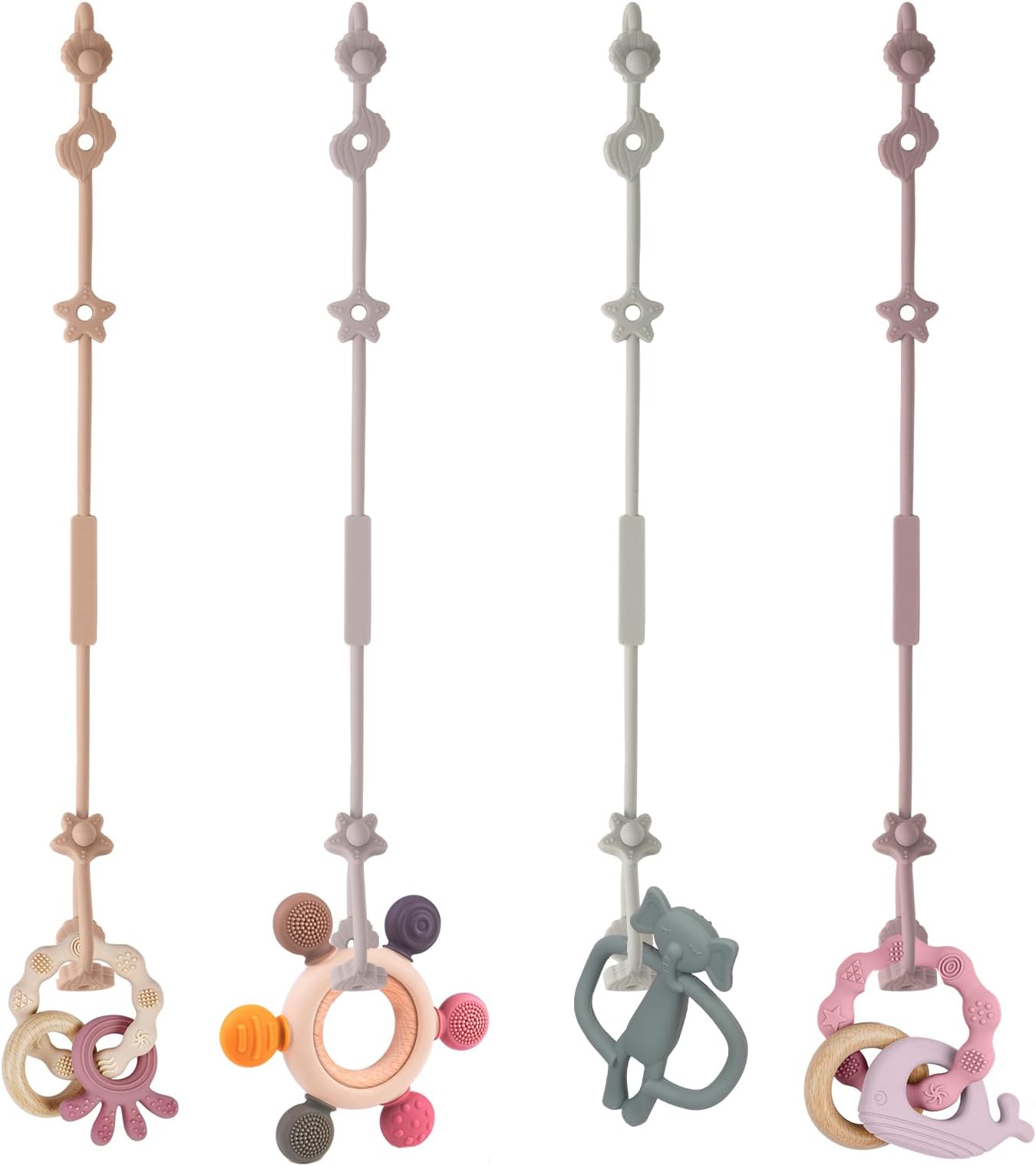 Vicloon Silicone Toy Clip, 4Pcs Toy Safety Straps, Food Grade Silicone Pacifier Clips Sippy Cup Strap, Adjustable Stroller Pacifier Strap Hanging Toys, Anti Drop Chain for 18+ Month(Pink/Purple)