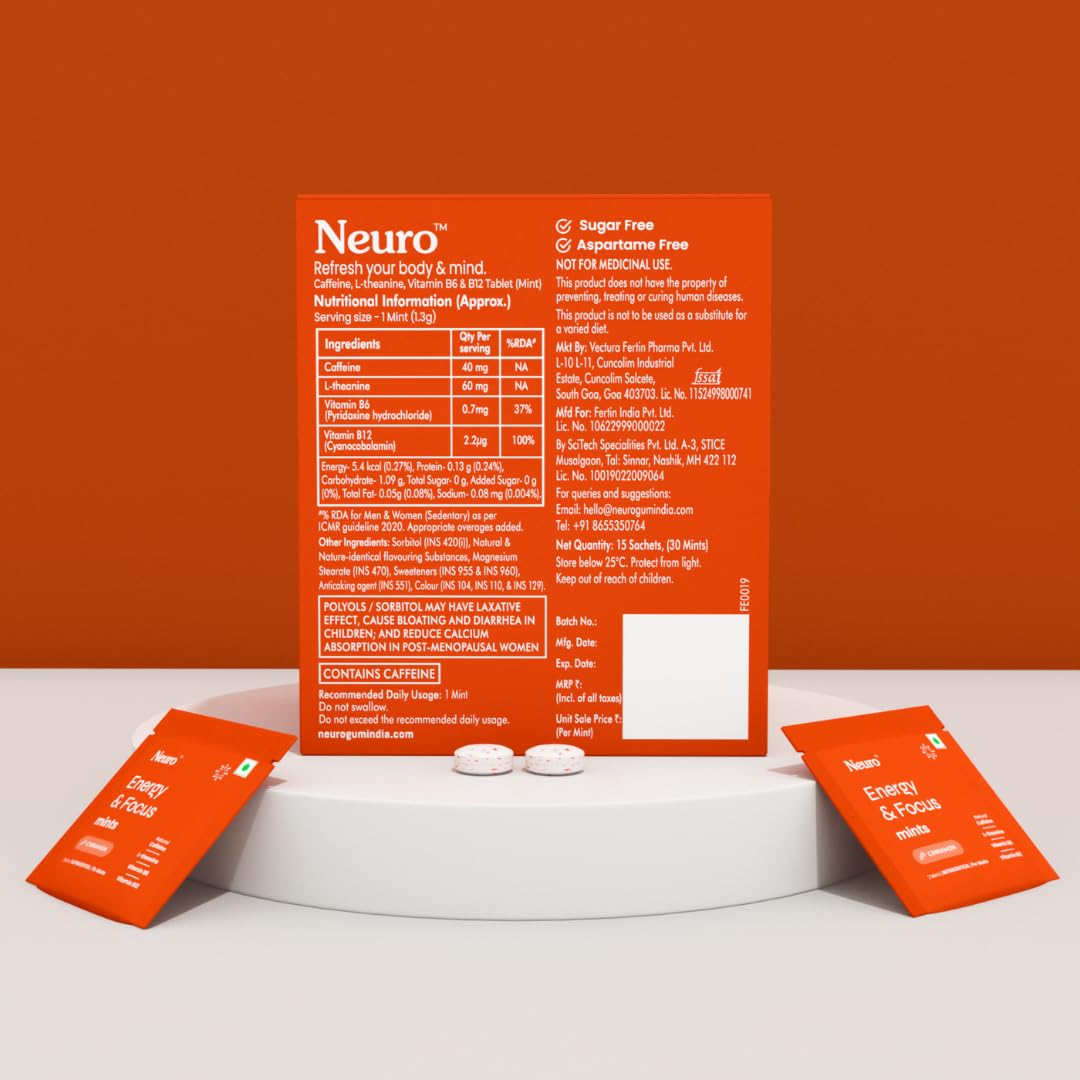 NeuroGum Energy Caffeine Mints - Sugar Free with L-theanine + Natural Caffeine + Vitamin B12 & B6 - Energy & Focus Supplement for Women & Men Vegan, Cinnamon Flavor | Pack of 1 (12 Mints)