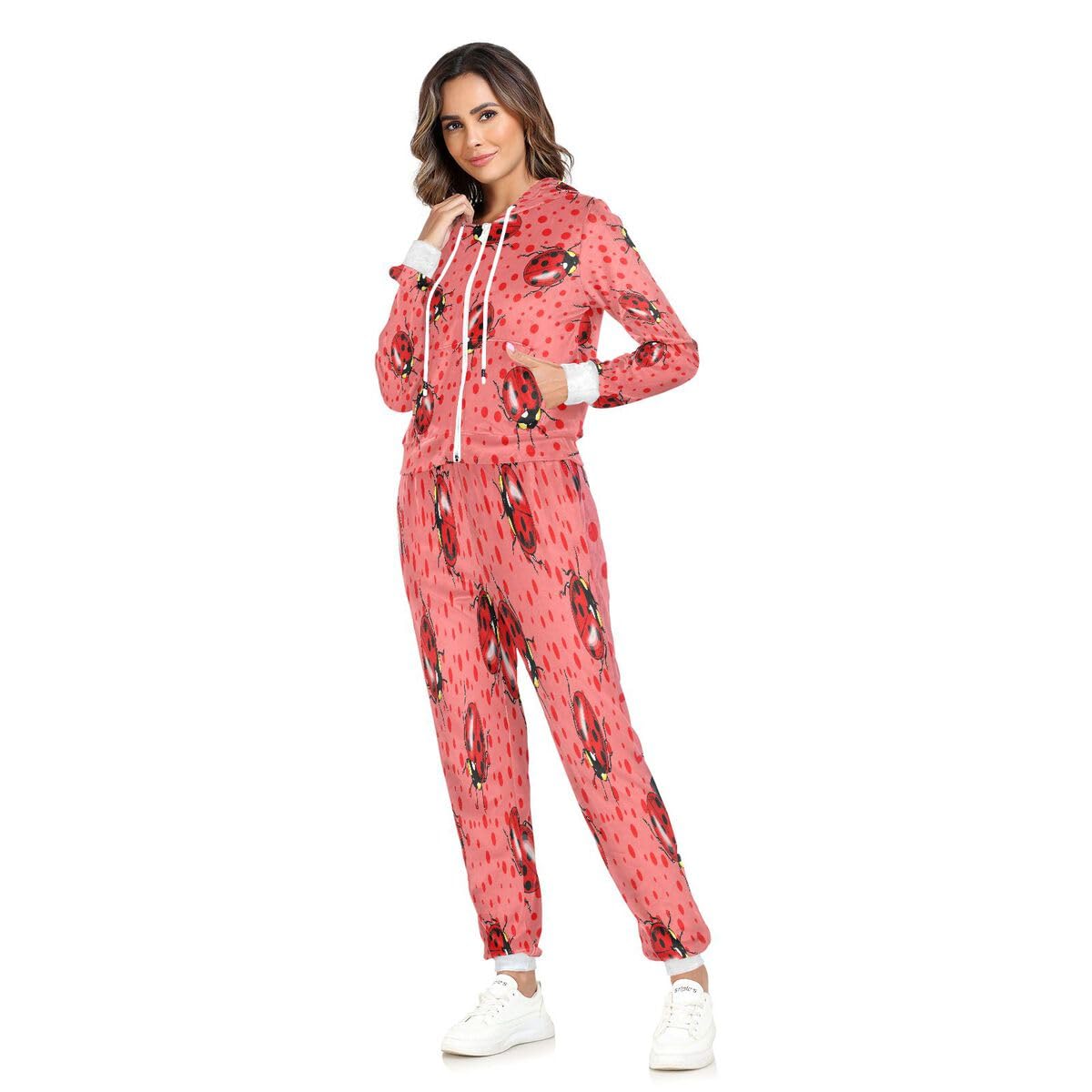 Conjunto deportivo de 2 piezas para mujer, diseño de mariquitas rojas, conjunto deportivo de manga larga, lunares rosados
