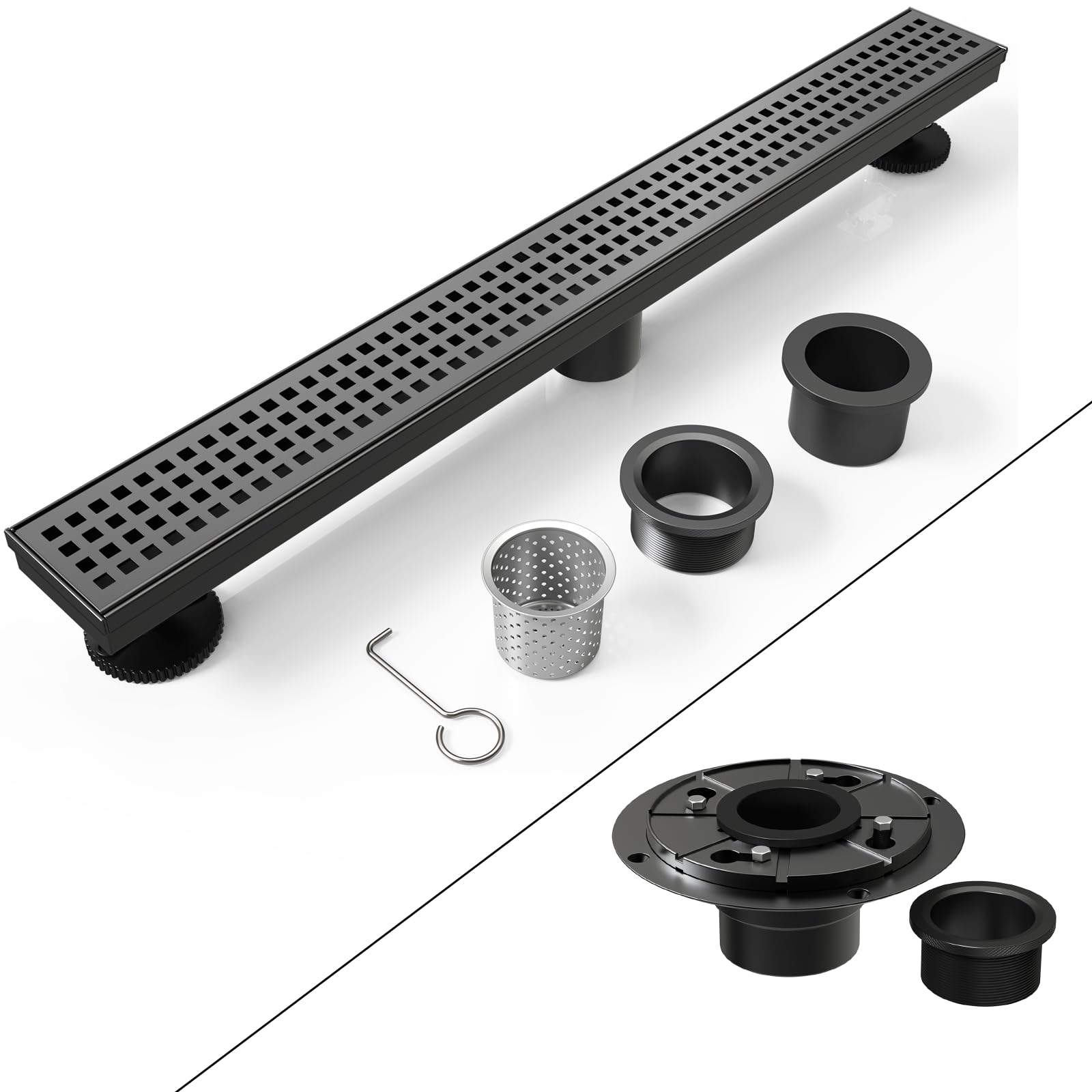 WEBANG ABS and PVC Material Shower Floor Drain Base Flange with Rubber Coupler & 36 Inch Square Hole Pattern Cover Shower Linear Drain Matte Black