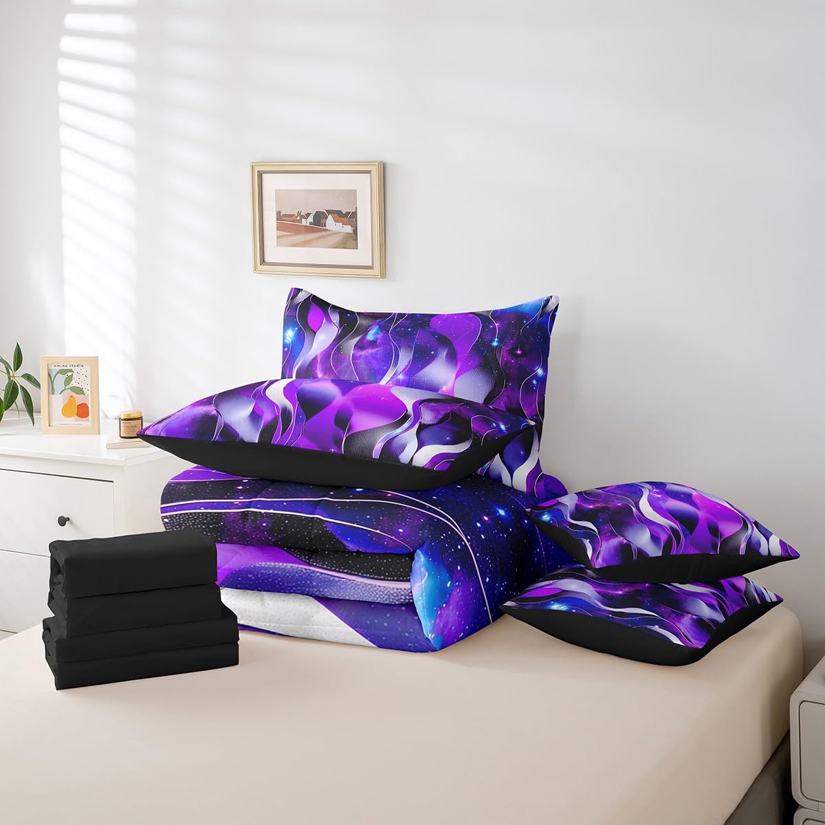 Feelyou Geometric 7 Pieces Bedding Set Stripes Queen Comforter Set with Sheets for Teens Boys Girls Purple Galaxy Bed in a Bag Stripes Bed Set