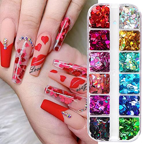 3D Holographic Heart Nail Art Glitter Sequins Valentine’s Day Nail Art Supplies 12 Colors Heart Nail Art Stickers Decals Laser Sparkle Nail Flakes Shiny Charms for Acrylic Nails Design Manicure Decor