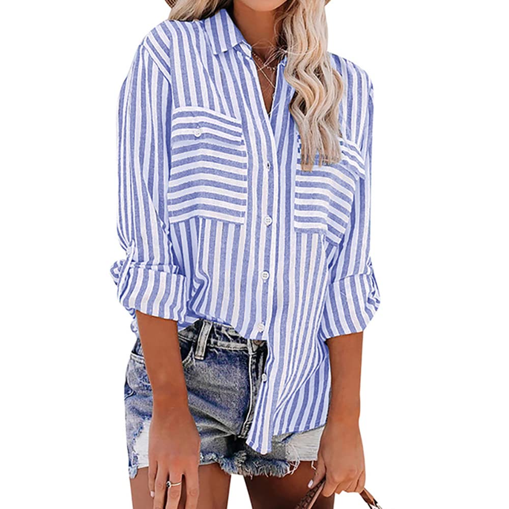 KCatsy Womens Striped Pinstripe Washed Linen Roll-Up Sleeve Pocket Shirt Button Loose Blouse
