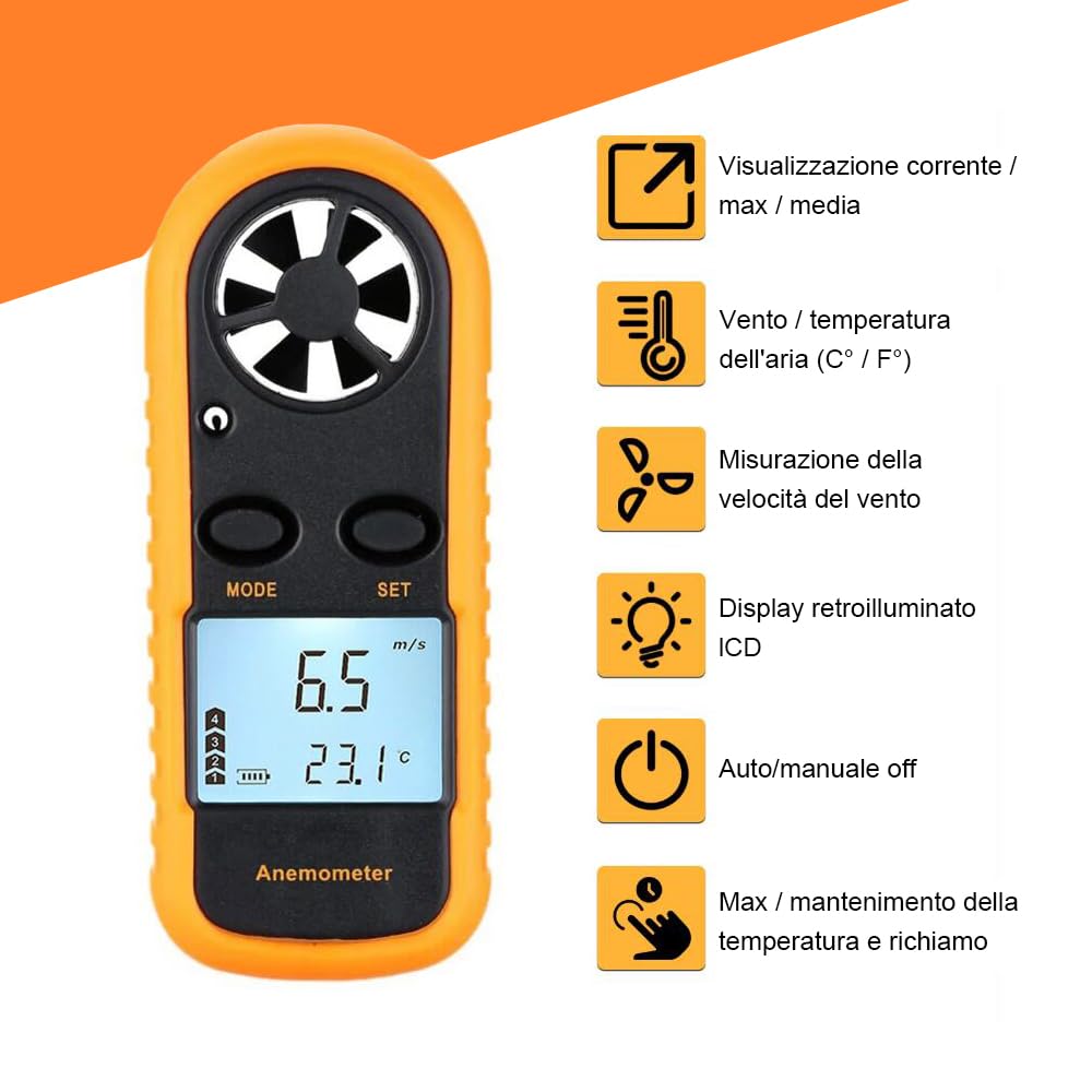 Anemometro Portatile Digitale Esterno per Velocità Vento con Termometro Retroilluminato per Windsurf, Vela, Pesca, Riprese