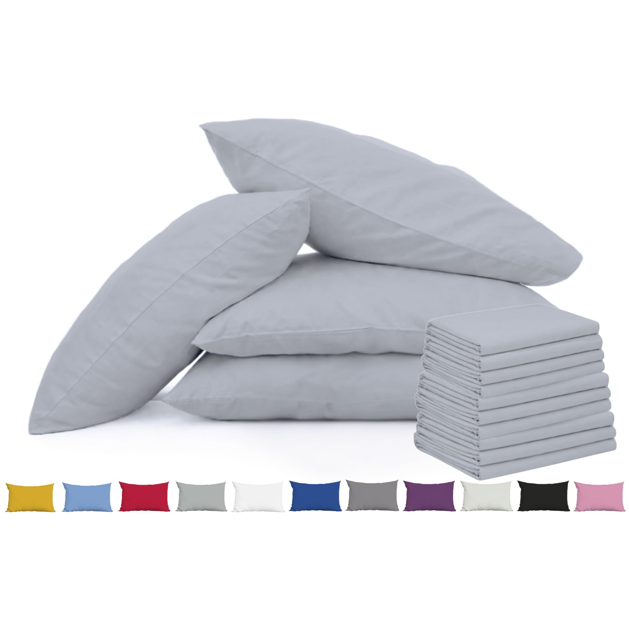 Pillow Cases 10 Pack Gray - 100% Brushed Microfibre UK-Standard Size 50x75cm Envelope Closure Pillowcases - OEKO-TEX Certified, Wrinkle & Fade Resistant Pillow Covers (Pack of 10, Gray)