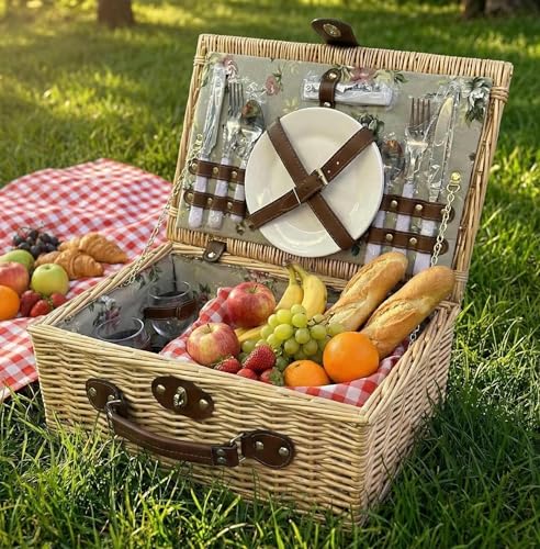 Image of Multifunctional Wicker Picnic Basket Set for 2 Adults with Picnic Table and Blankets,Large Insulated Picnic Set with Wine Pouch and Full Tablewares for Camping Outdoor Couples Beach Wedding Flower