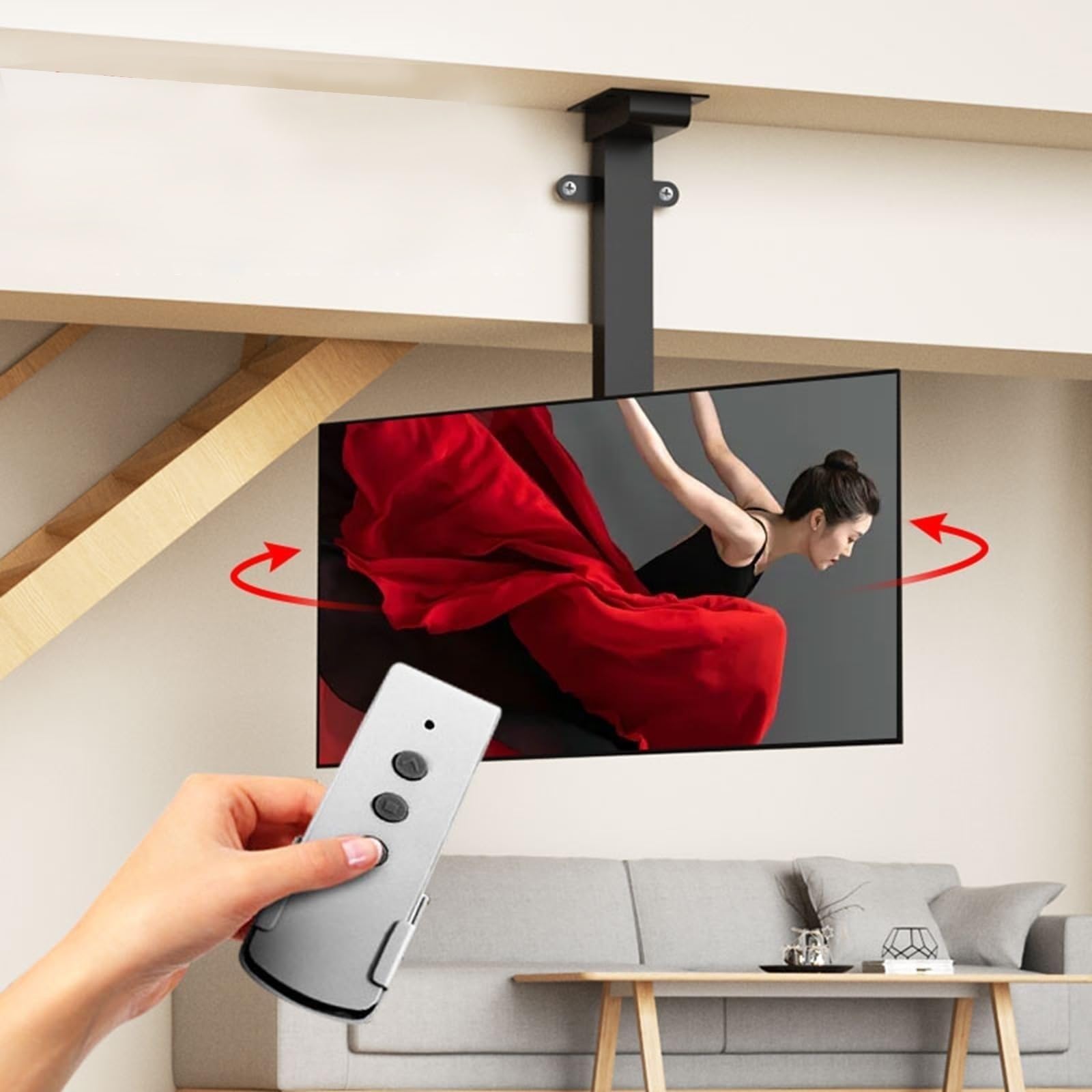 Soporte De TV De Techo Motorizado - Soporte De TV Eléctrico con Mando A Distancia, Elevador De TV Eléctrico Telescópico Giratorio Manual De 360°, Soporte De TV De Techo Ajustable(730-1730mm)