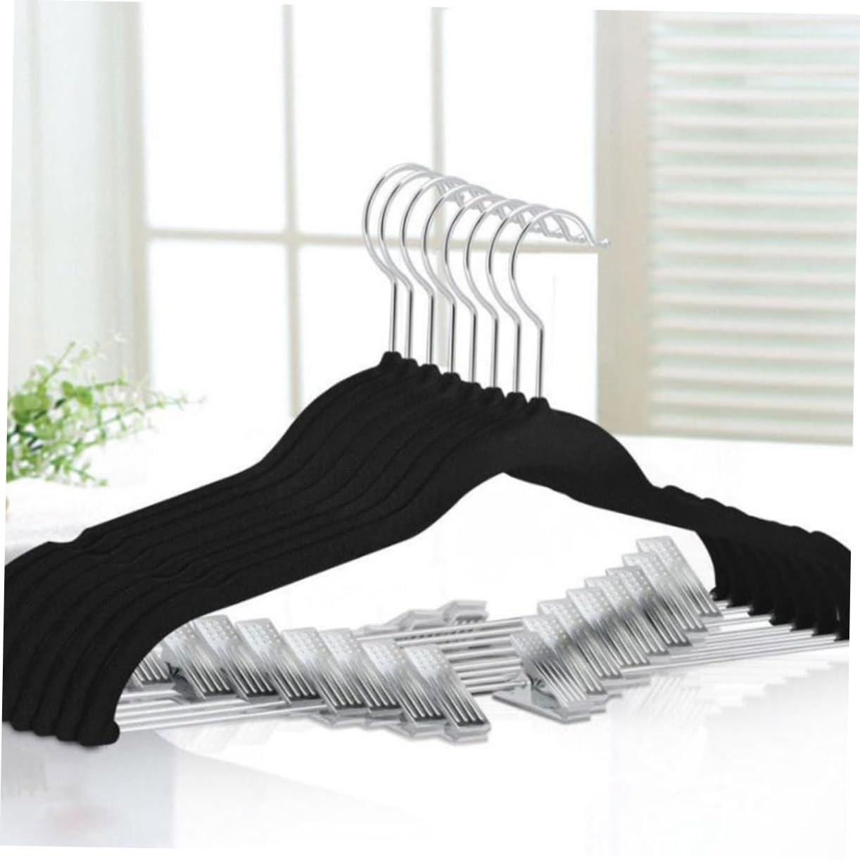 Kleiderbügel mit Clips, 8 Stück, Schwarz, Beflockt, rutschfest
