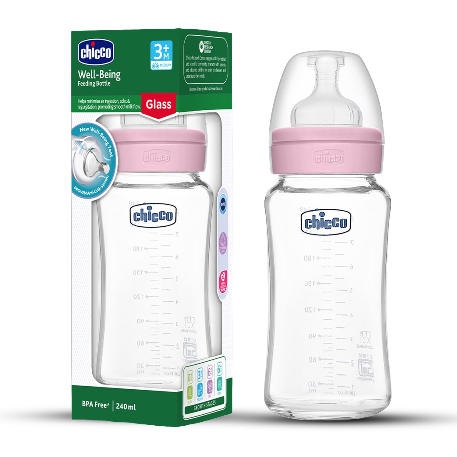 Chicco Well-Being Glass Feeding Bottle for Babies (240ml, Medium Flow) | Premium Borosilicate Glass for High Durability | Elongated Teat for Correct Latch | Comes with Anti-Spill Cap | BPA Free (Pink)-picture-19