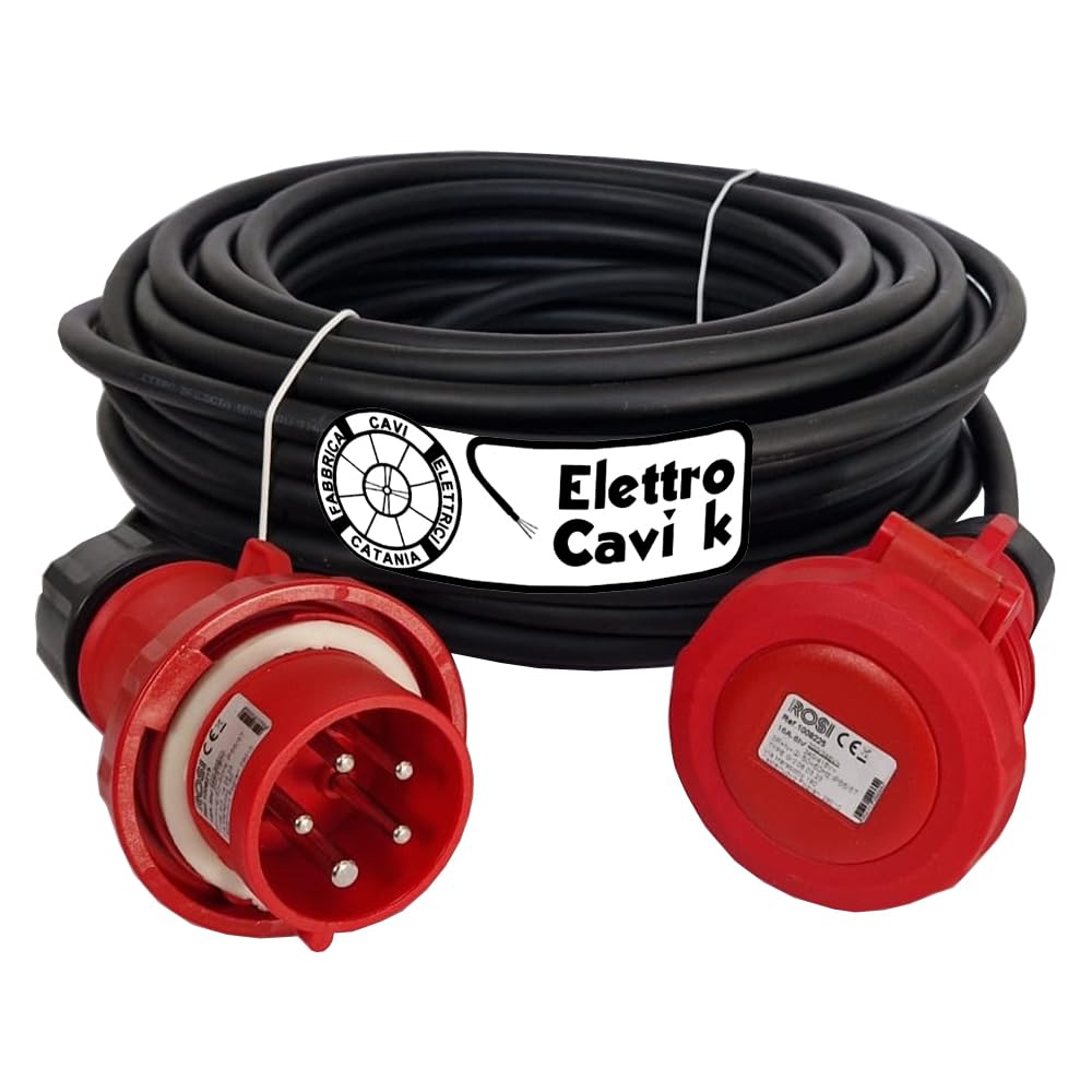 Elettrocavi K - 32A H07RN-F 5G4 mm² Prolunga Elettrica Industriale 15 Metri 32A Trifase CEE 380V 3P+N+T IP67 5 POLI 14,5 kW Super Flessibile Impermeabile Professionale Made in Italy