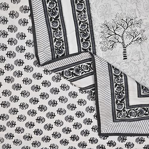 Image of BLOCKS OF INDIA 100% Cotton Dohar King Size Reversible Hand Block Printed Malmal Summer Dohar /Blanket (Grey Tree)