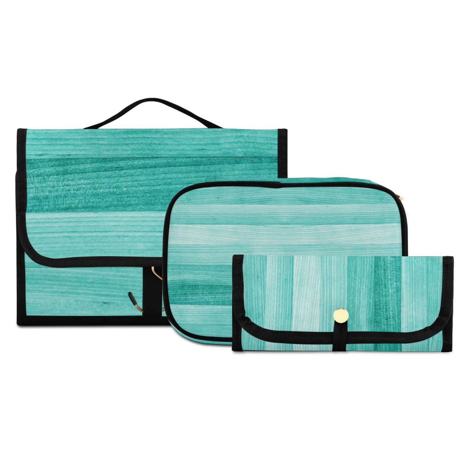 senya Teal Turquoise Green Wood Toiletry Bag Hanging Travel Makeup Bag 3 PCS, Portable Makeup Organizer Cosmetic Bag Clear