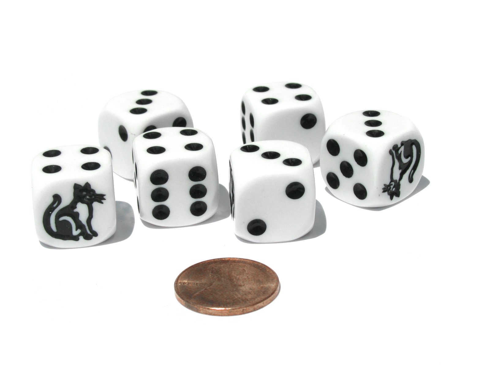 Set of 6 Cat Dice 16mm D6 Rounded Edge Koplow Animal Dice- White with Black Pips