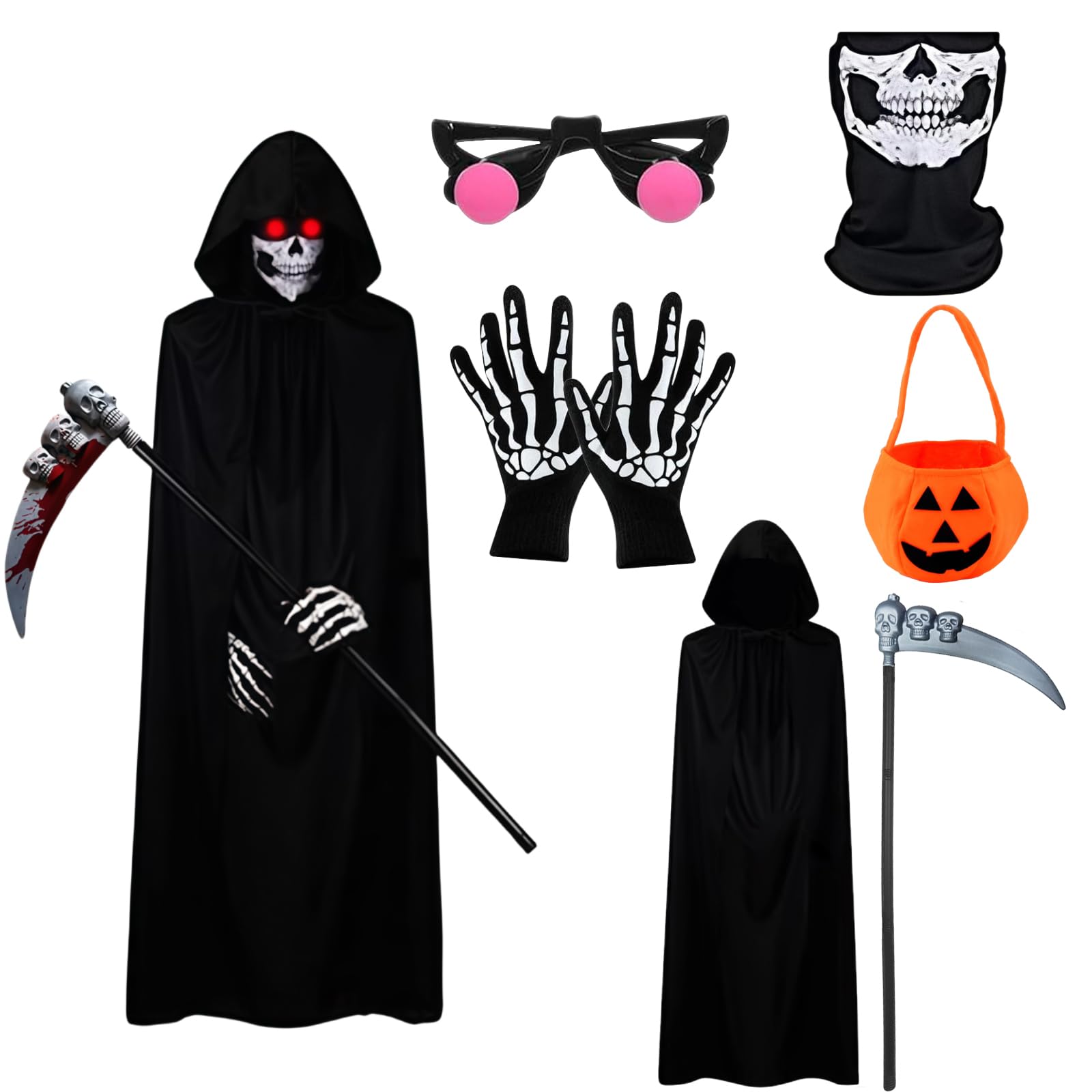Grim Reaper Costume Kids Halloween, 6 Pcs Dark Skeleton Custume, Red Glowing Glasses, Mask, Gloves