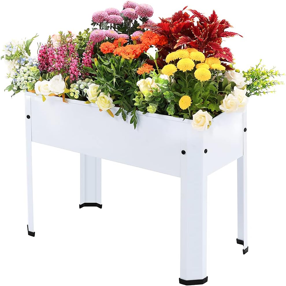LEMONDA Raised Garden Bed,Elevated Galvanized Steel Planter Box with Legs,Standing Planter Container for Outdoor Patio Flower Fruit Herb Vegetable Growing White