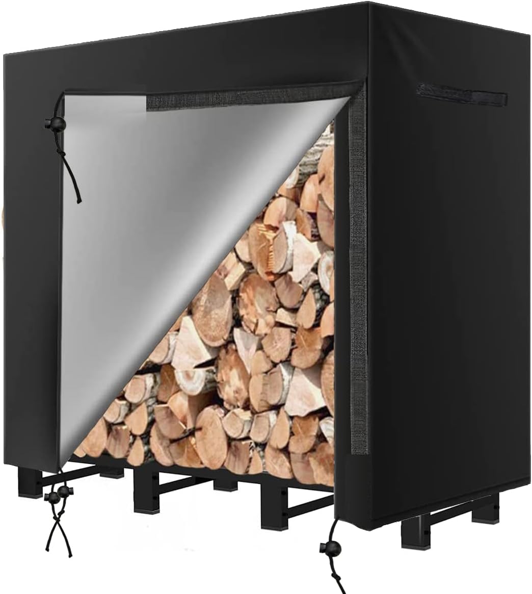 Sqodok Firewood Rack Cover 4 Feet Waterproof Log Rack Cover 420D Indoor Outdoor Wood Cover All Weather Protection Firewood Holder Cover Metal Lumber Carrier, Black