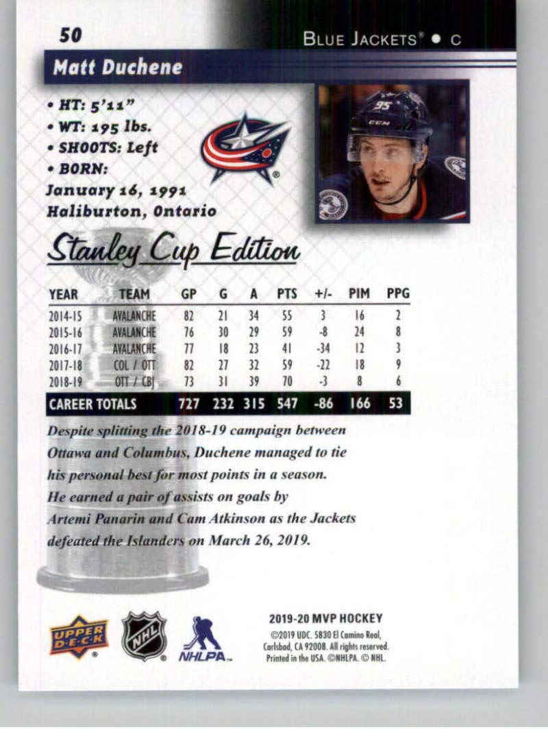 Amazon.com: 2019-20 Upper Deck MVP Stanley Cup Edition 20th Anniversary  Silver Script Hockey #50 Matt Duchene Columbus Blue Jackets Official NHL  Trading Card From UD : Collectibles & Fine Art