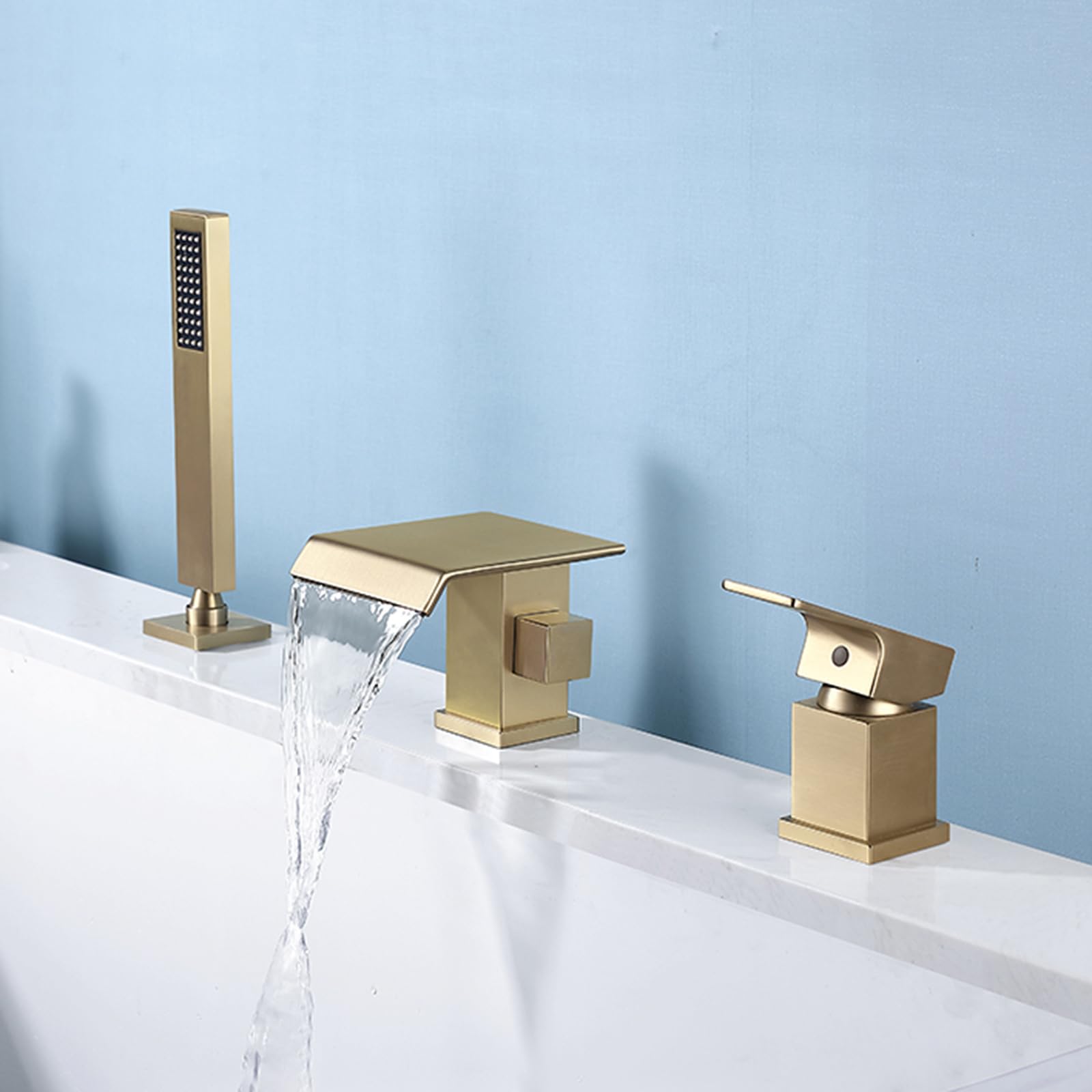 SnamicE 3 Hole Bath Taps Black Waterfall Bath Shower Mixer Taps + Shower Kit Single Lever Bathtub Faucet,Brushed Gold