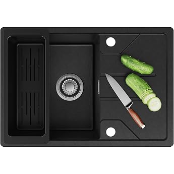 CECIPA Kitchen Sink Black 65 x 45 cm Granite Kitchen Sink with Strainer Basket Kitchen Sink with Reversible Installation Sink Kitchen Built-in Sink Including Siphon and Drain and Overflow Fittings