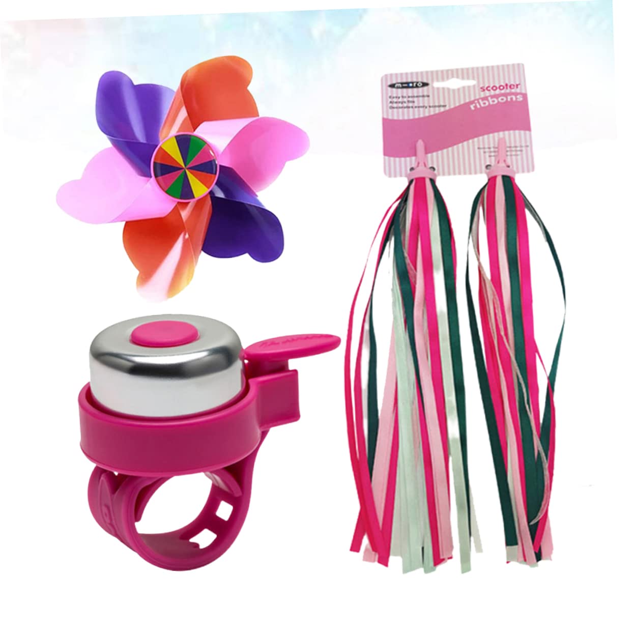 MUSISALY 3Pcs Bike Accessories Set Pink Streamers Handlebar Bell Windmill Fun Decorations for Boys and Bikes Scooters Present