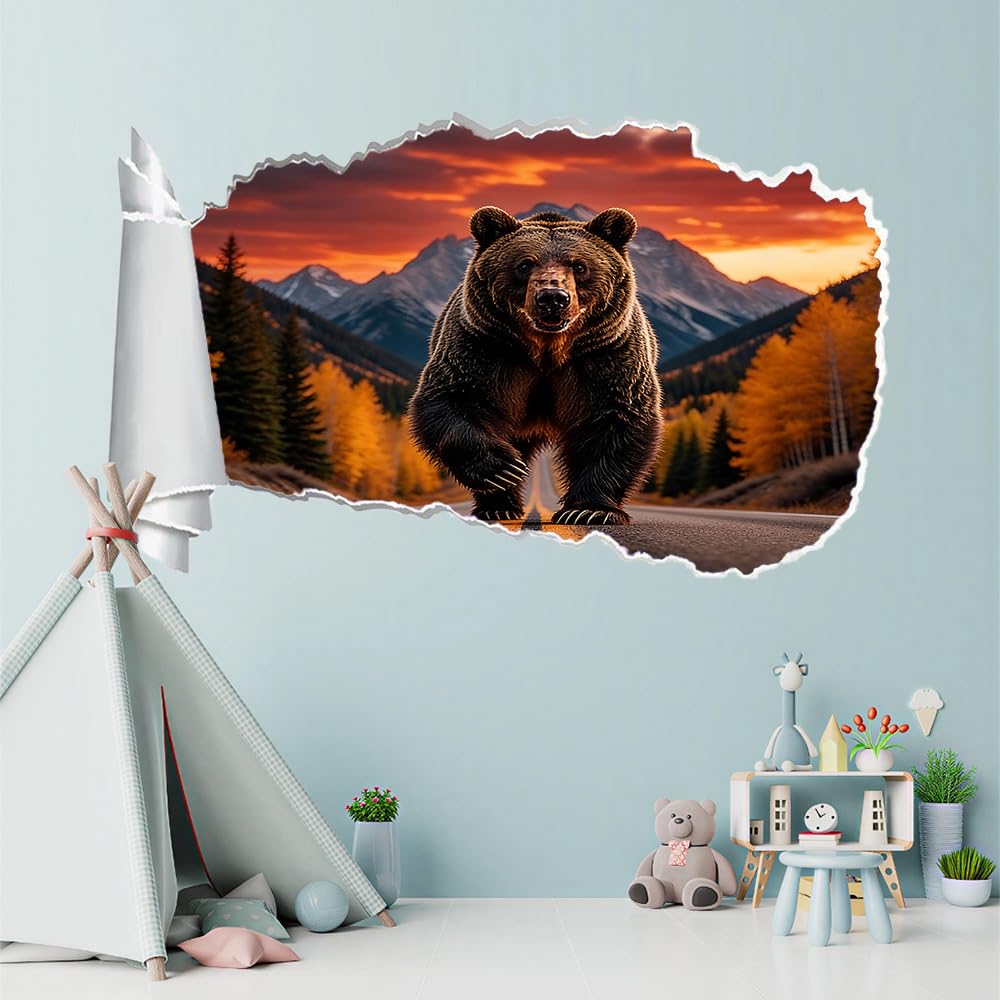 3D Wandtattoo I Wandbild Bären Waldtiere Wandaufkleber I Wandsticker Durchbruch Herbstlicher Sonnenuntergang Am Berg Poster Fensterblick I Wand Deko Aufkleber für Wohnzimmer Schlafzimmer Türaufkleber