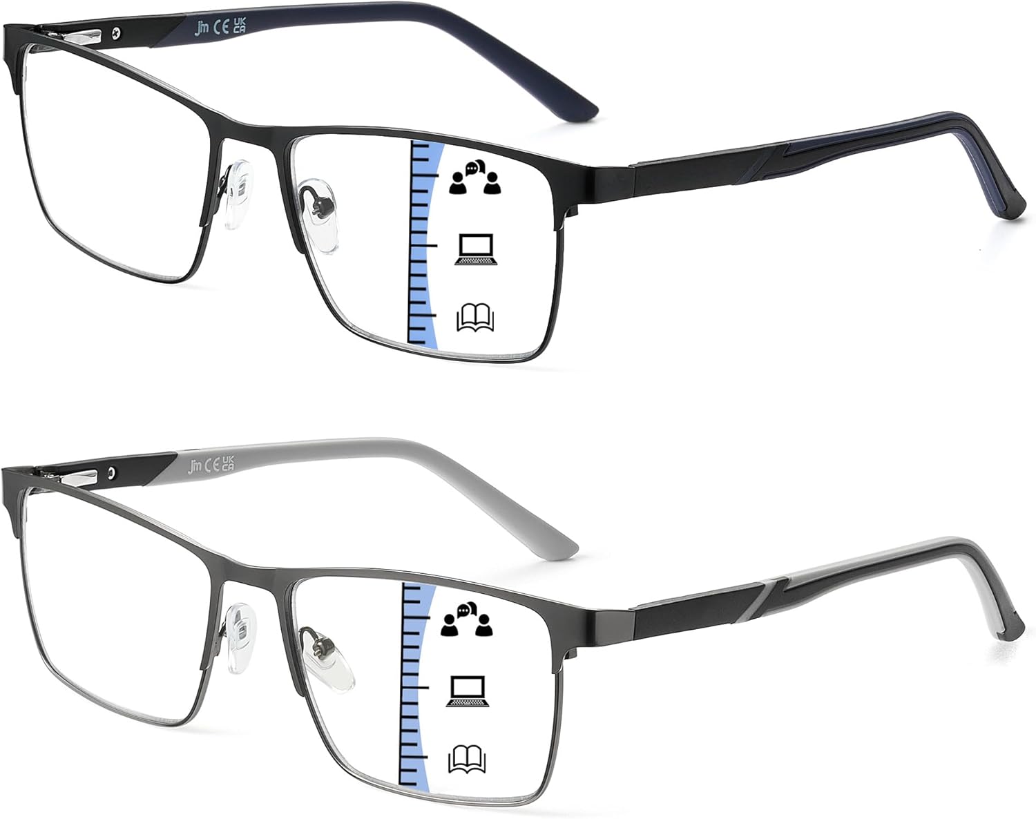 JM Progressive Multifocus Reading Glasses Men, Blue Light Blocking Readers No Line Metal Eyeglasses with Spring Hinge 2 Pack Black & Gunmetal (1 piece)