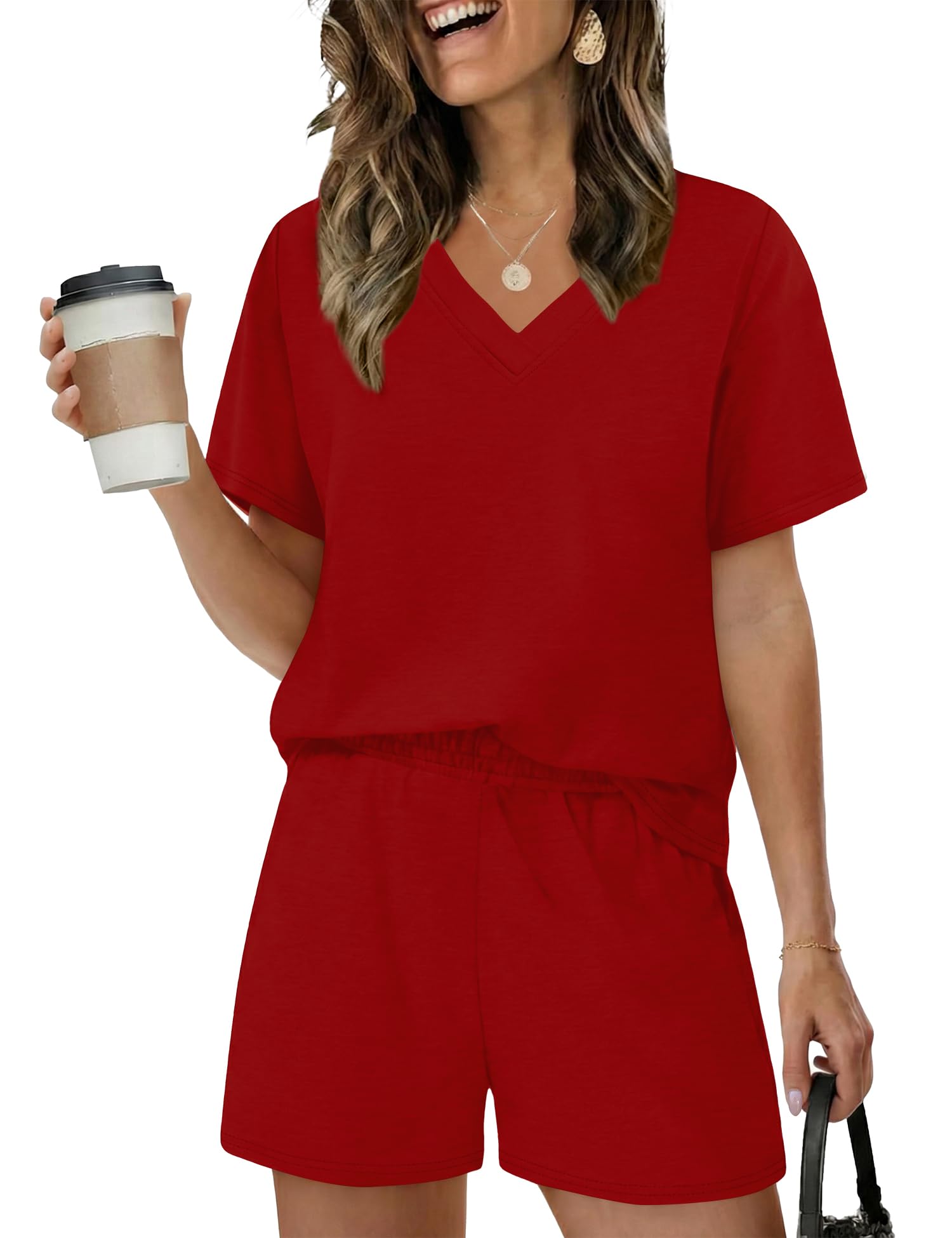 Rapbin Schlafanzug Damen Kurz Pyjama Set Kurzarm Nachtwäsche Loungewear für Frauen Schlafen V Ausschnitt Oberteil und Schlafanzughose Zweiteiliger Hausanzug Casual Elastischer Bund Sleepwear