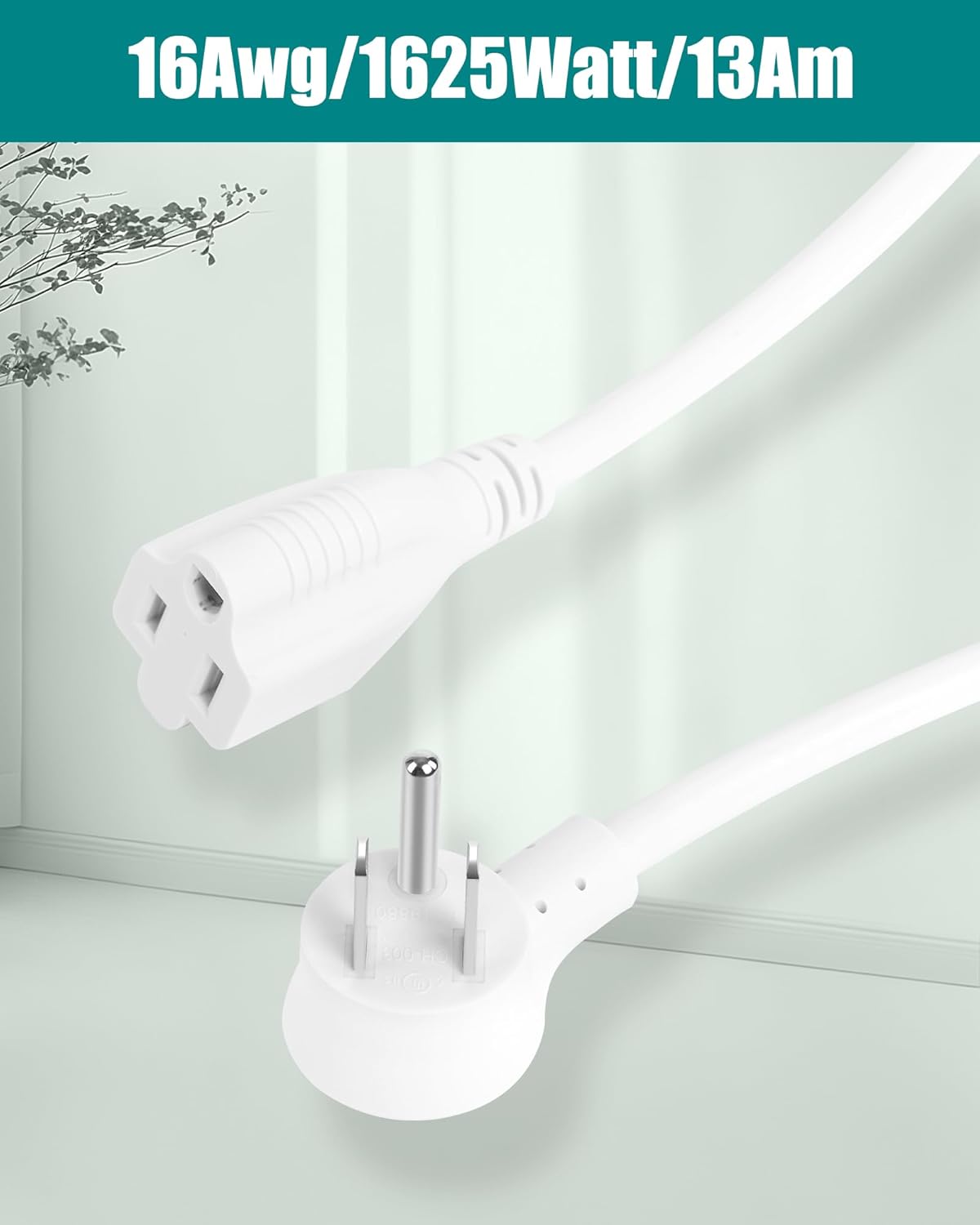 White Flat Extension Cord 6.6FT, Accepts 2- or 3-Prong Device Plugs, Three Prong Extension Cord Indoor 16Awg/1625Watt/13Am