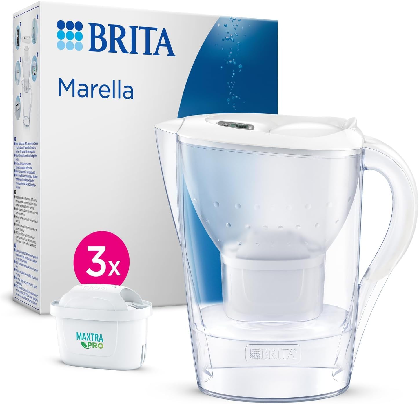 BRITA Caraffa filtrante Marella bianca (2.4L) incl. 3 x filtri MAXTRA PRO All-in-1 che riduce cloro, calcare e PFAS - Adatta al frigo, Memo digitale e riempimento comodo - in confezione sostenibile