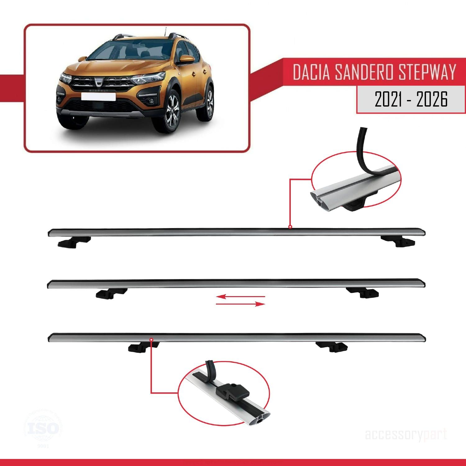 Compatibile con Dacia Sandero Stepway 3 2021-2026 BASIC Model Barre Tetto Portapacchi Auto Barre Portatutto Grigo Alluminio 2 Barre