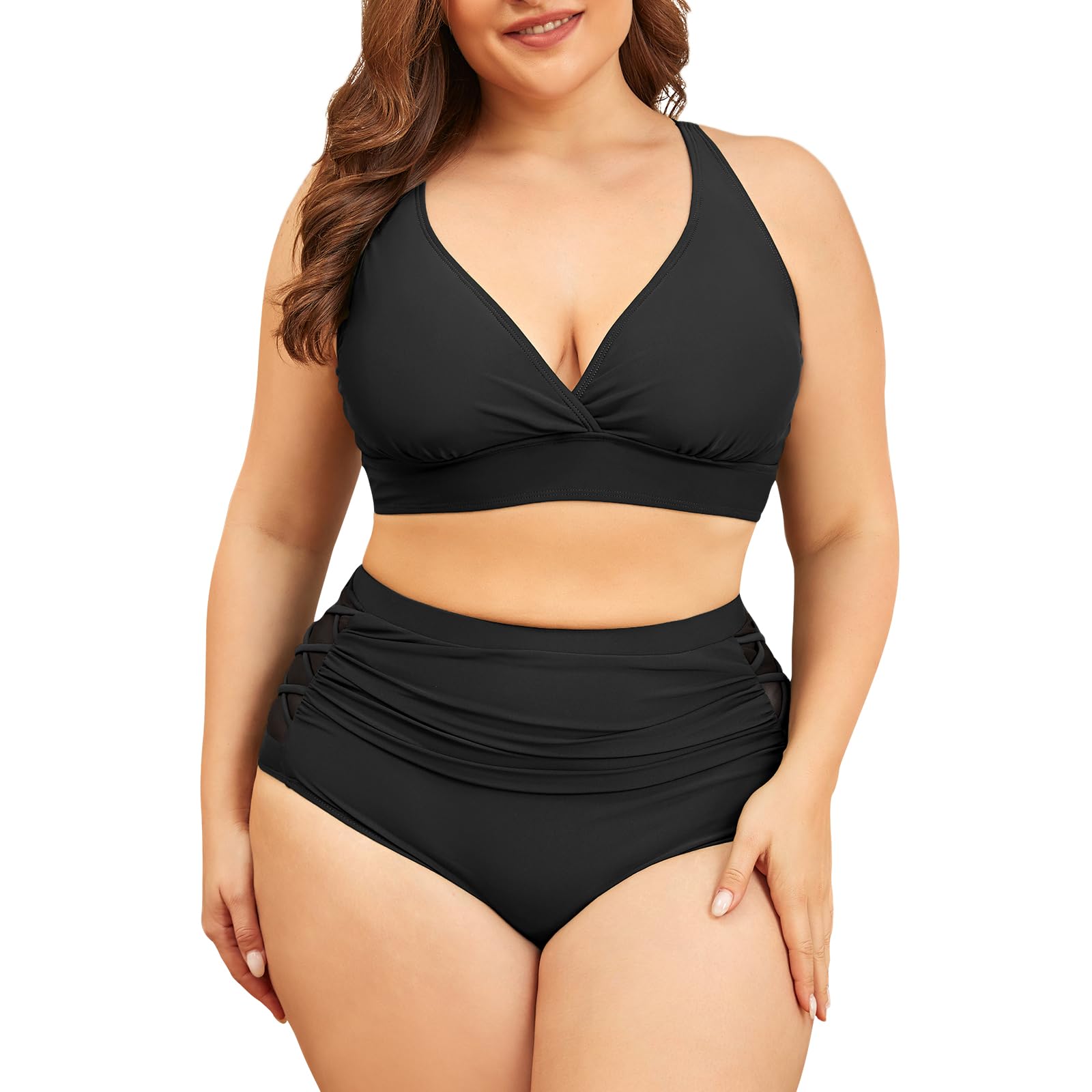 PONCEAU Bikini para mujer, tallas grandes, cuello en V, cintura alta, con nudo de barriga, bikini de dos piezas, talla grande, traje de baño curvo, traje de baño push up