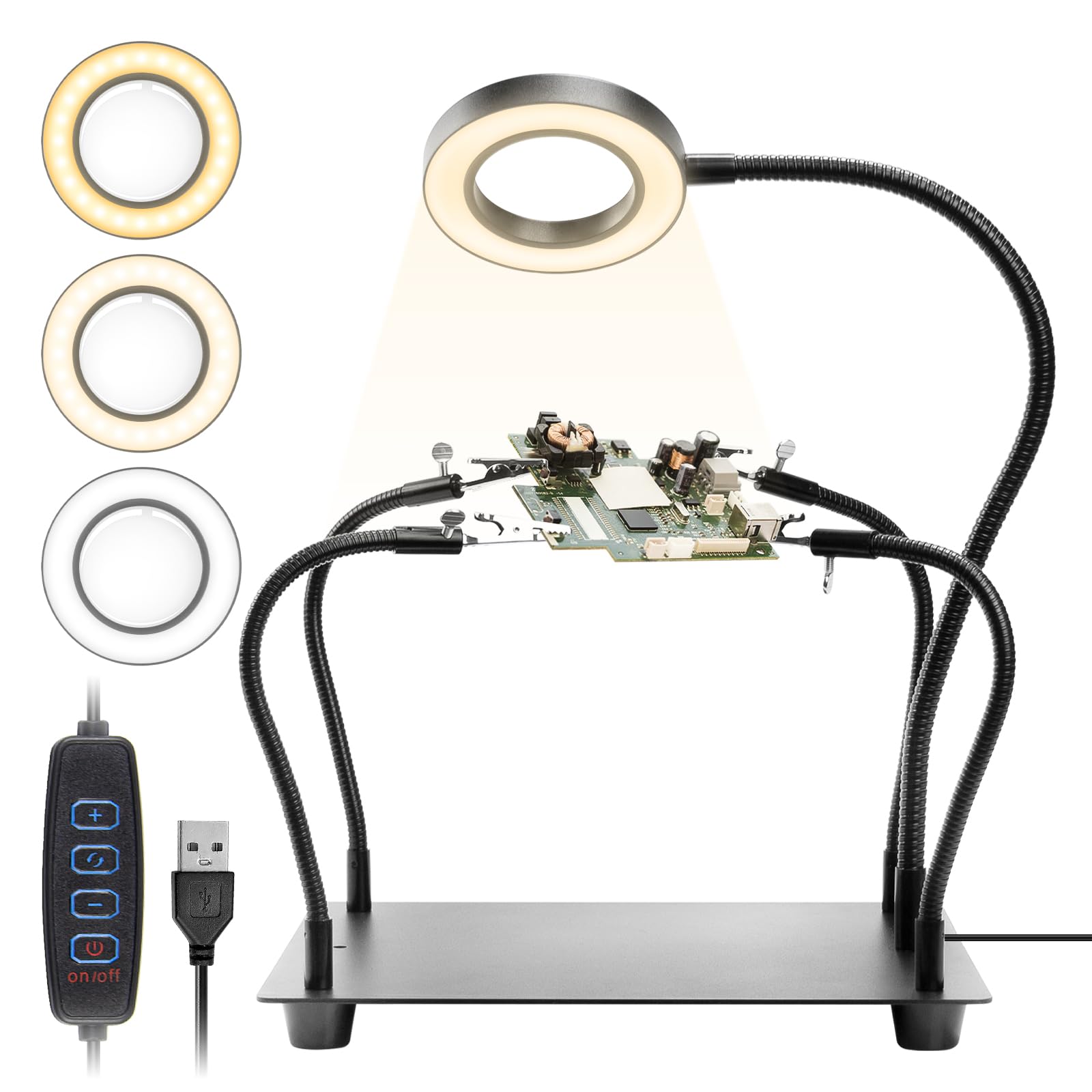 Terza Mano per Saldatura, OBDMONSTER Stazione Saldatura Terza Mano con 4 Bracci Flessibili Collo Oca Pinze Coccodrillo, con Lente d'Ingrandimento 5X LED Dimmerabile, Adatta per Saldatura e Artigianat