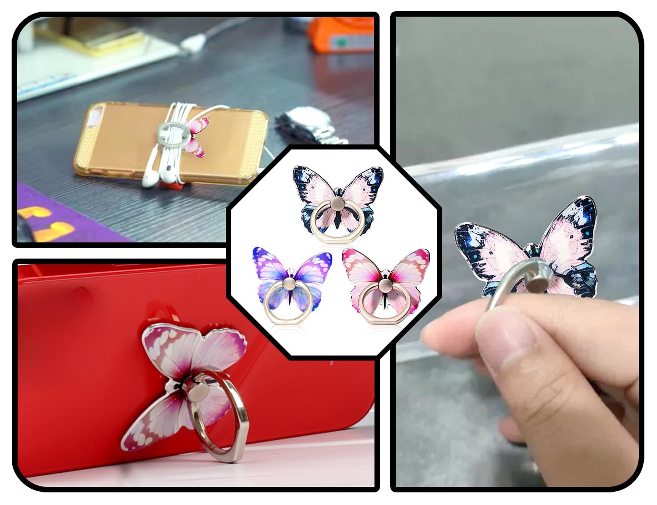 6 Stück Schmetterling Handy Ringhalter - 360° Drehbar, Metall, Starke Klebefolie, Für Alle Smartphones, Bunte Farben