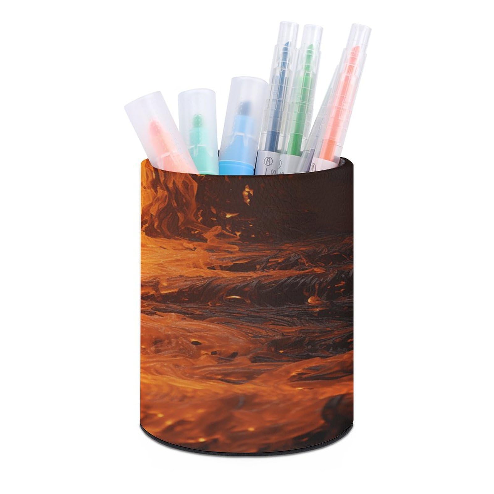 FekiLoot PU Leather Round Pen Holder Black Flame Pencil Holder Desk Organizer Pen Organizer Pen Cup Pencil Cup Caddy Desktop Stationery Organizers for Office Home Supplies