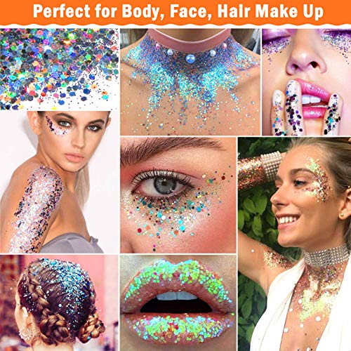 20 Colors Holographic Cosmetic Chunky Glitter, Flasoo 20 Boxes Face Body Eye Hair Nail Festival Chunky Holographic Glitter with 1 Glitter Glue for Musical Carnival Dance Party Beauty Makeup and Deco