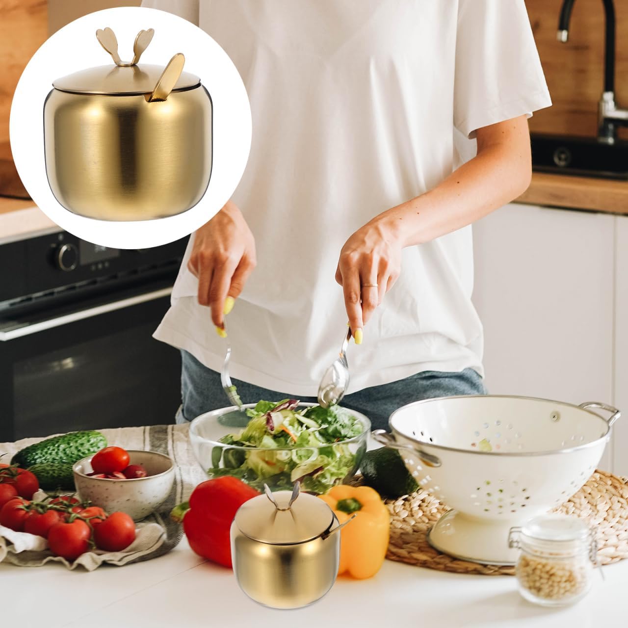 LABRIMP Sugar Bowl with Lid and Spoon Stainless Steel Sugar Container Seasoning Jar for Salt Spice Condiment Storage Home Kitchen and Coffee Bar 3.74 X 3.34 X 3.34 in