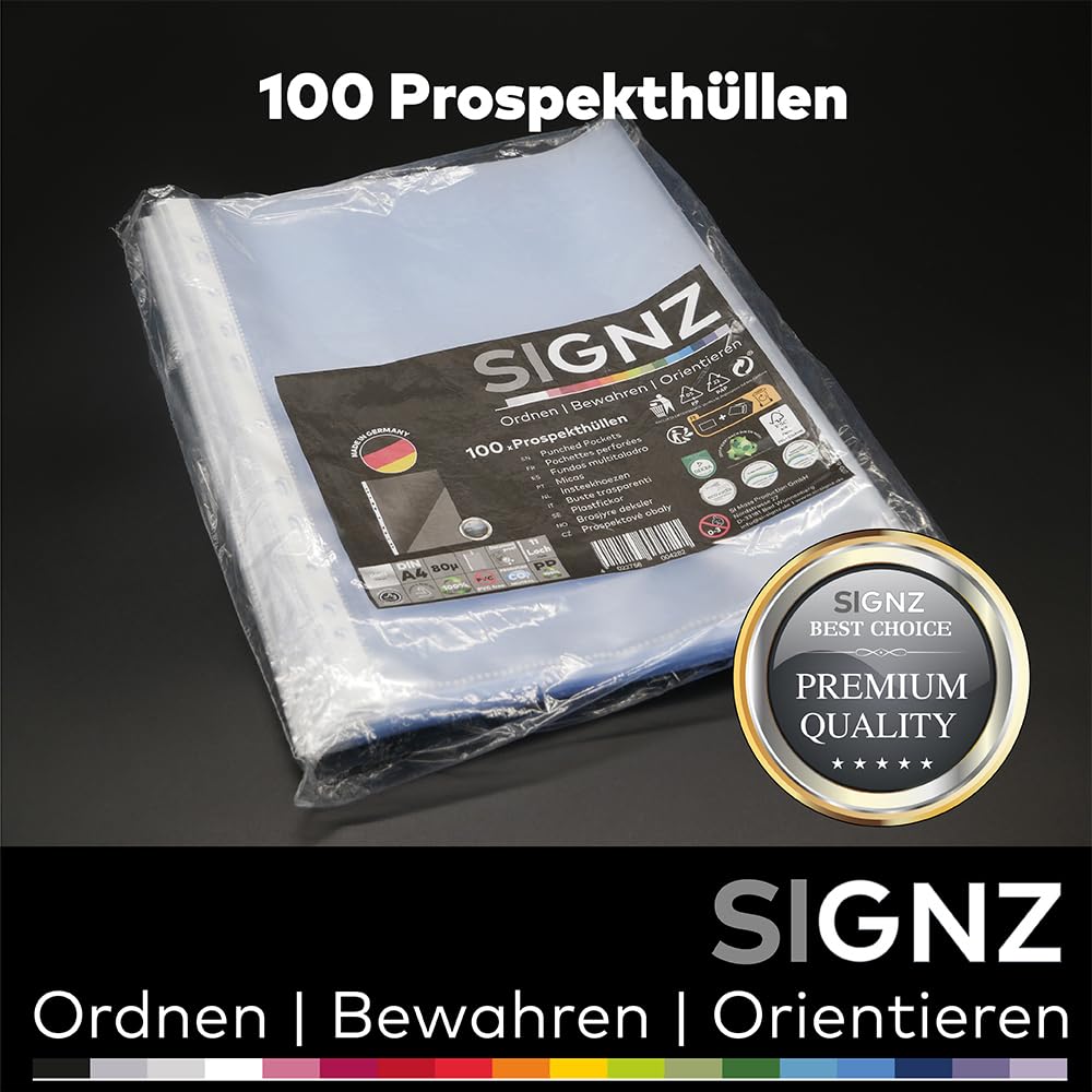 SIGNZ Koszulki na dokumenty (DIN A4, mocne 80 my), 100 sztuk, przezroczyste, neutralne pod względem emisji CO2, wyprodukowane w Niemczech