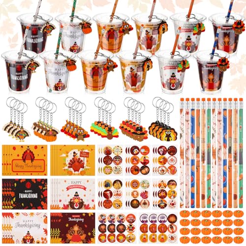 Baderke 144 Pcs Thanksgiving Party Favor Friendsgiving Fall Autumn Stationery Pumpkin Maple Turkey Keychain Erasers Pencil Sticker Goodie Bag Filler Greeting Card Exchange Student Classrooms Gift