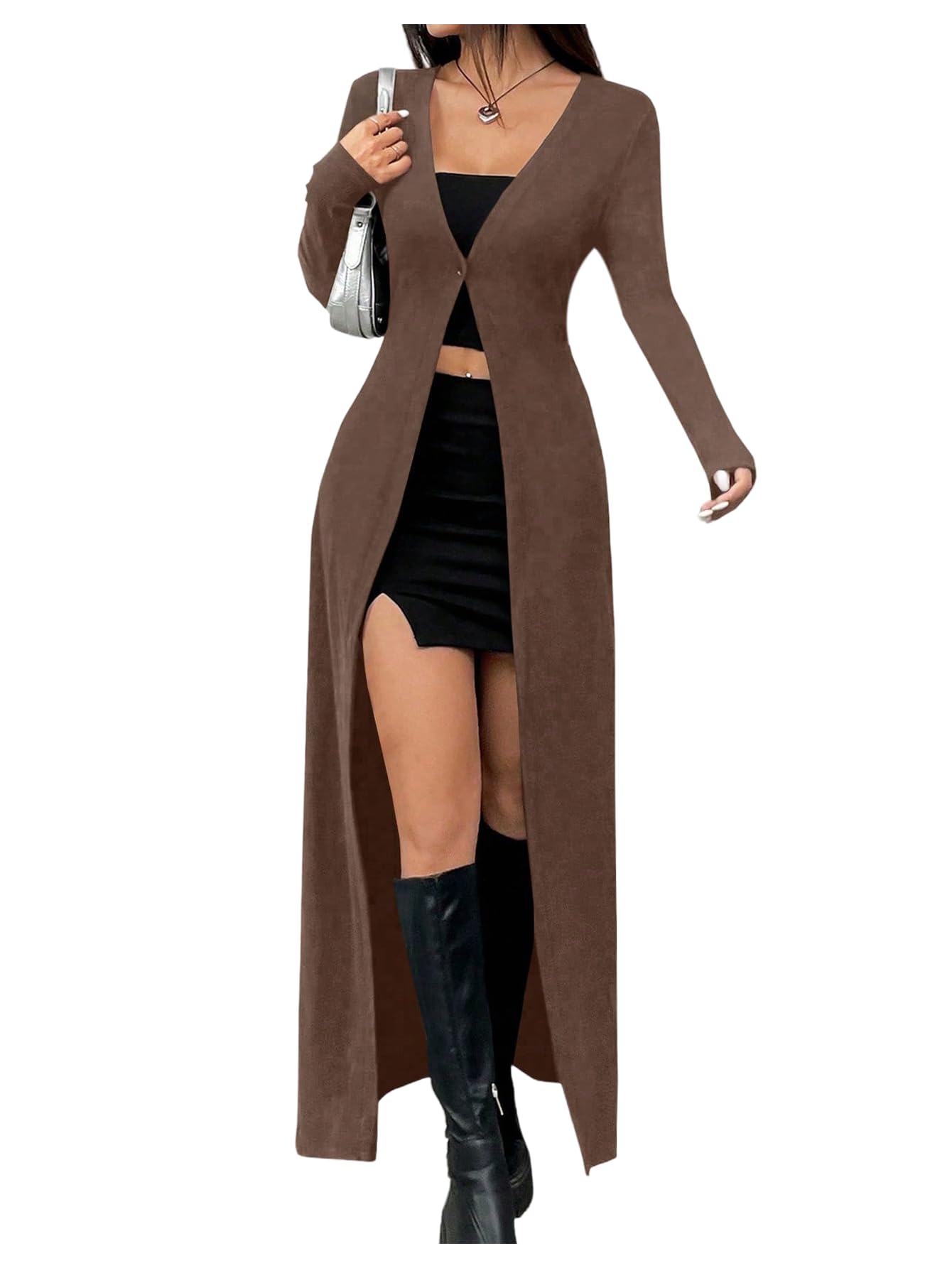 GORGLITTER Womens Long Cardigans Button Up V Neck Cozy Fitted Long Sleeve Knit Sweater Tops Gothic Winter Clothes