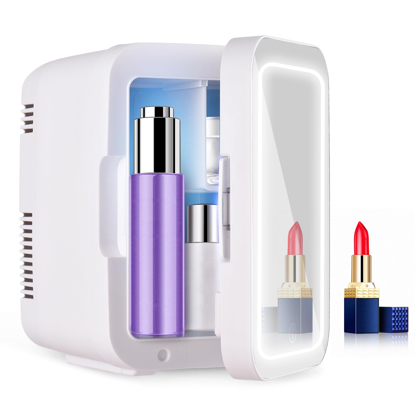 Brrnoo 4L Mini Fridge for Cosmetics and Skincare, Portable Cooler and Warmer with Dimmable LED Mirror, AC DC 12V Small Refrigerator for Home, Office, Travel (US Plug)