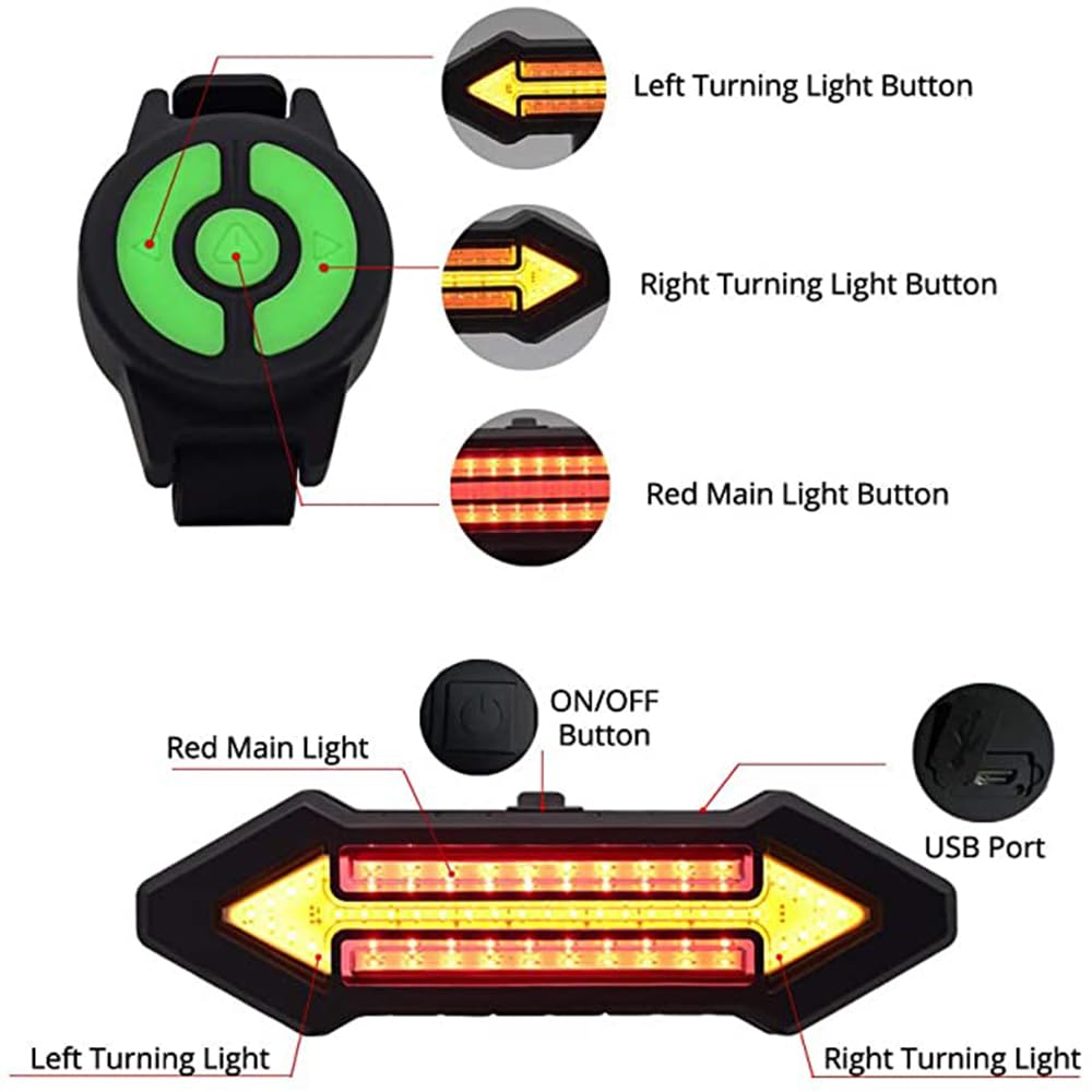 Feu arrière de vélo sans Fil à LED de 500 lumens avec télécommande, Clignotants et Fonction Frein intégrés. Rechargeable par USB.