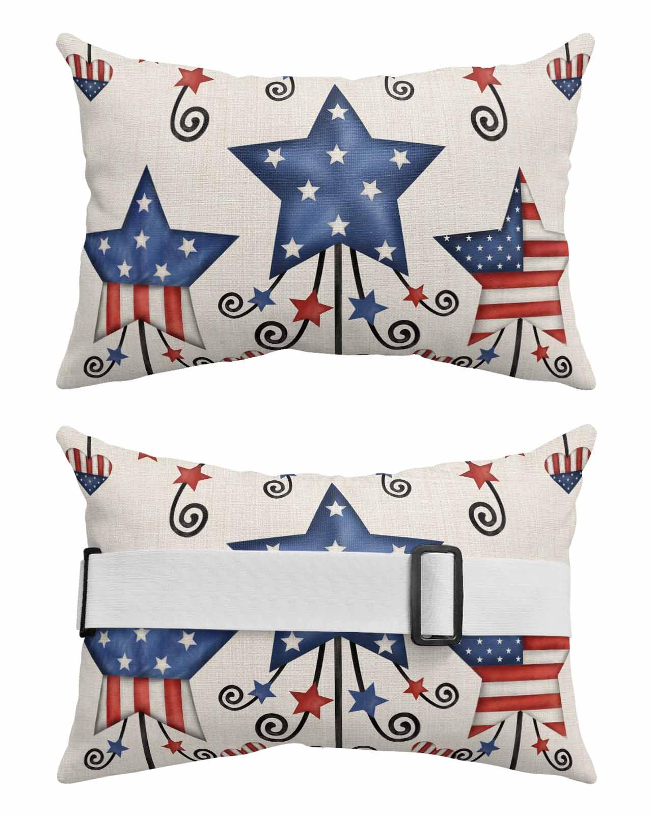Outdoor Pillows Covers with Inserts Independence Day American Flag Stars Beige Texture Waterproof Pillow with Adjustable Strap Throw Pillows for Patio Furniture Pool Lounge Chair, 12x20 Inch, 1PCS