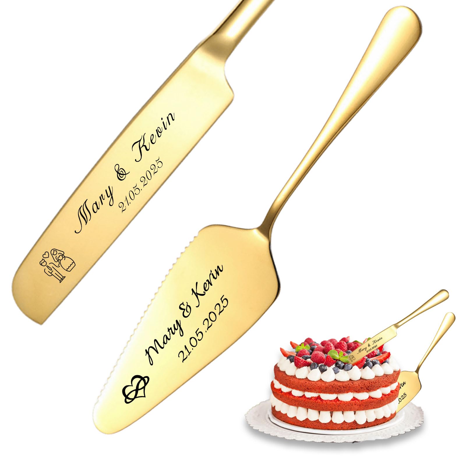 Personalized Cake Cutting Set for Wedding with Names Text Custom Cake Knife and Server Set for Newlyweds Weddings Anniversaries and Special Occasions (Gold)