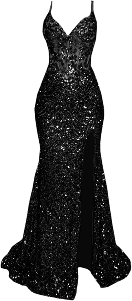 Amazon.com: Fanciest Black Sequin Prom Dresses with Slit 2026 V-Neck Formal  Dress for Women Sparkly Long Lace Evening Gown US0 : Clothing, Shoes &  Jewelry