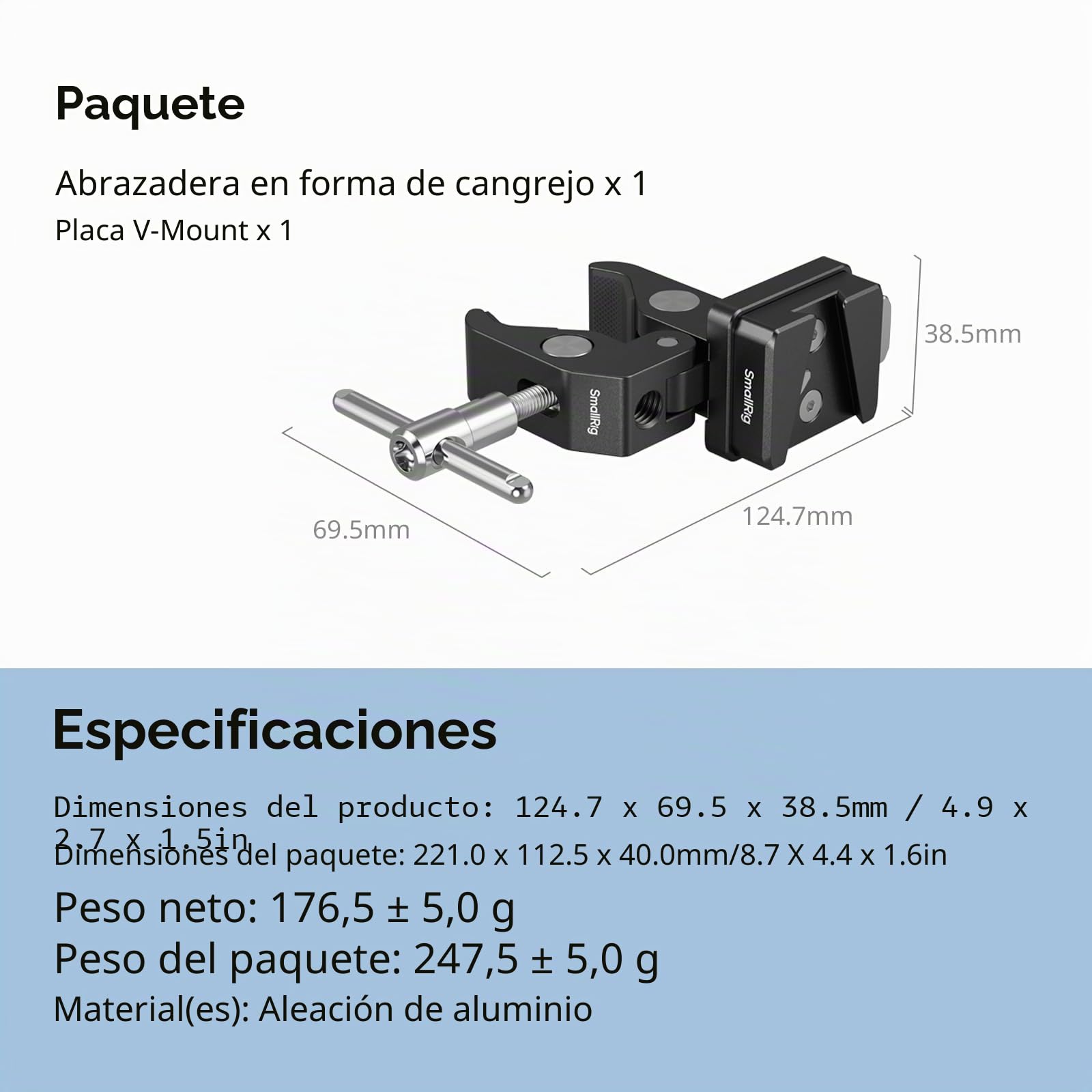 SMALLRIG Abrazadera en forma de cangrejo de montaje en V, abrazadera antideslizante de 15-40 mm, carga de 1,5 kg, compatible con múltiples marcas de baterías de montaje en V - 5313