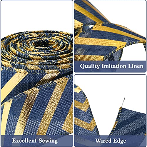 Ruban lin fin fil de fer 3.8cm bleu et doré pour décoration de fête | Lot de 3 rouleaux - 8