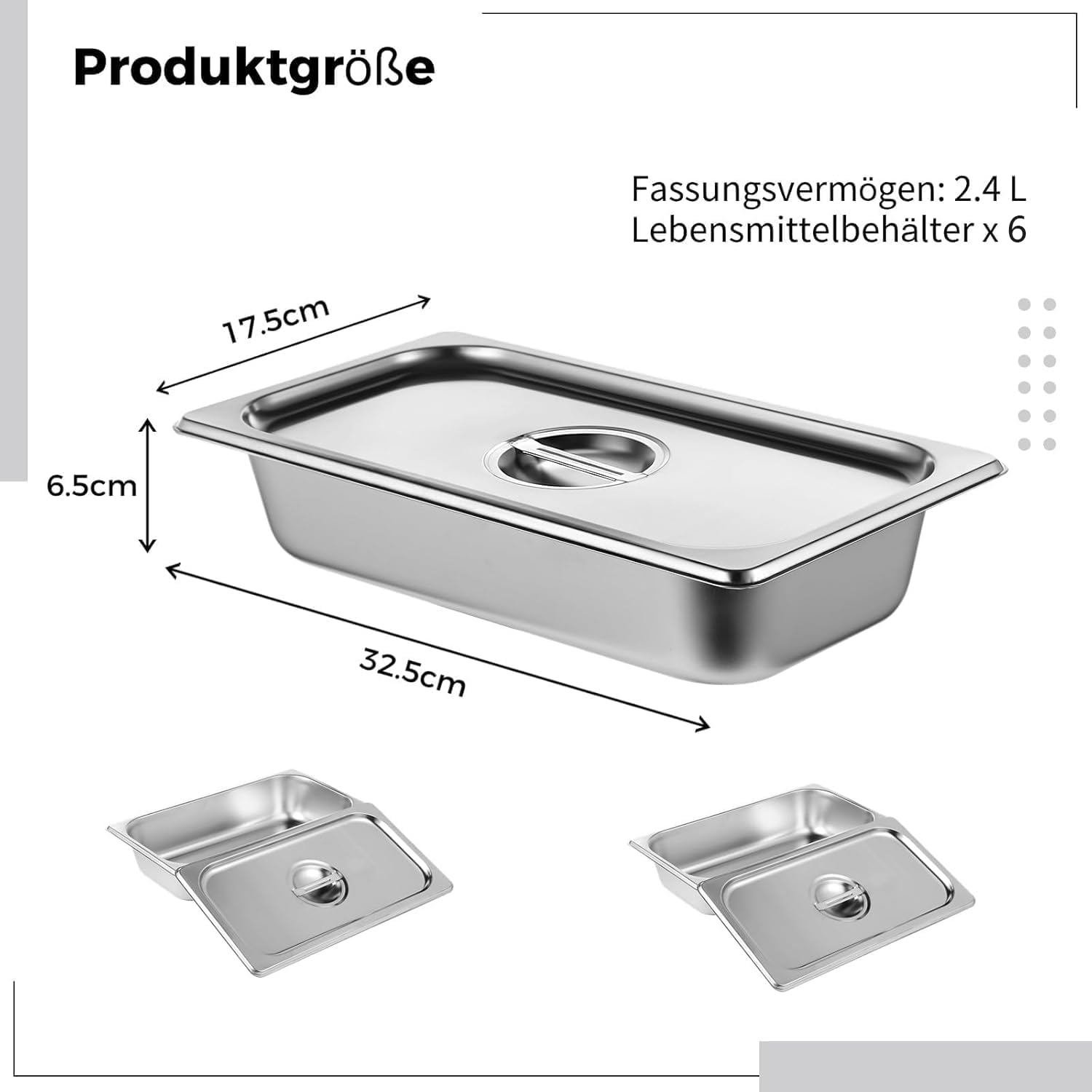 6 Stück GN 1/3 Behälter, 32,5 x 17,5 x 6,5 cm Edelstahl Behälter mit Deckel, Gastro Behälter für Speisen, Torten, Hotelpfanne Tisch Food Pan