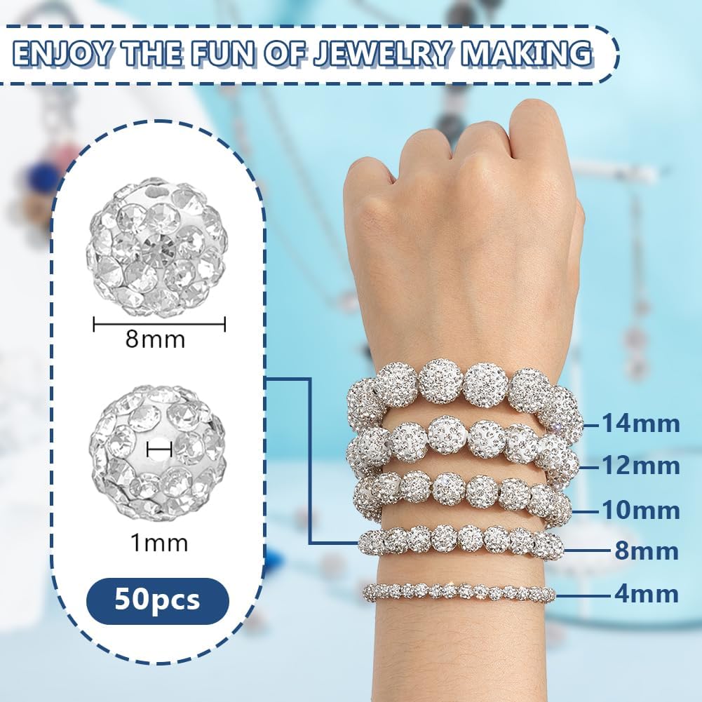 PH PandaHall About 50pcs 8mm White Rhinestone Beads White Clay Beads Polymer Crystal Bead Clay Pave Disco Ball Round Diamond Clays Bead for Necklace Bracelet Jewelry Making Party Decoration - Image 2